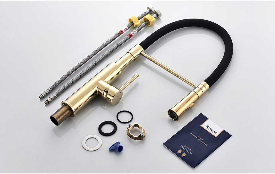 A4890WF-1 Смеситель для кухни ACCOONA с латун/корп золотой и силик/излив черный