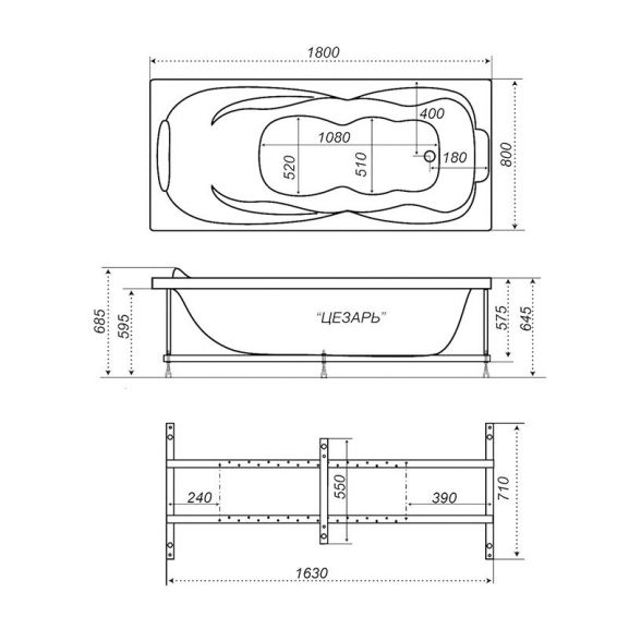 ТРИТОН Ванна Цезарь прямоуг.1800х800х455 на каркасе без панели и сифона