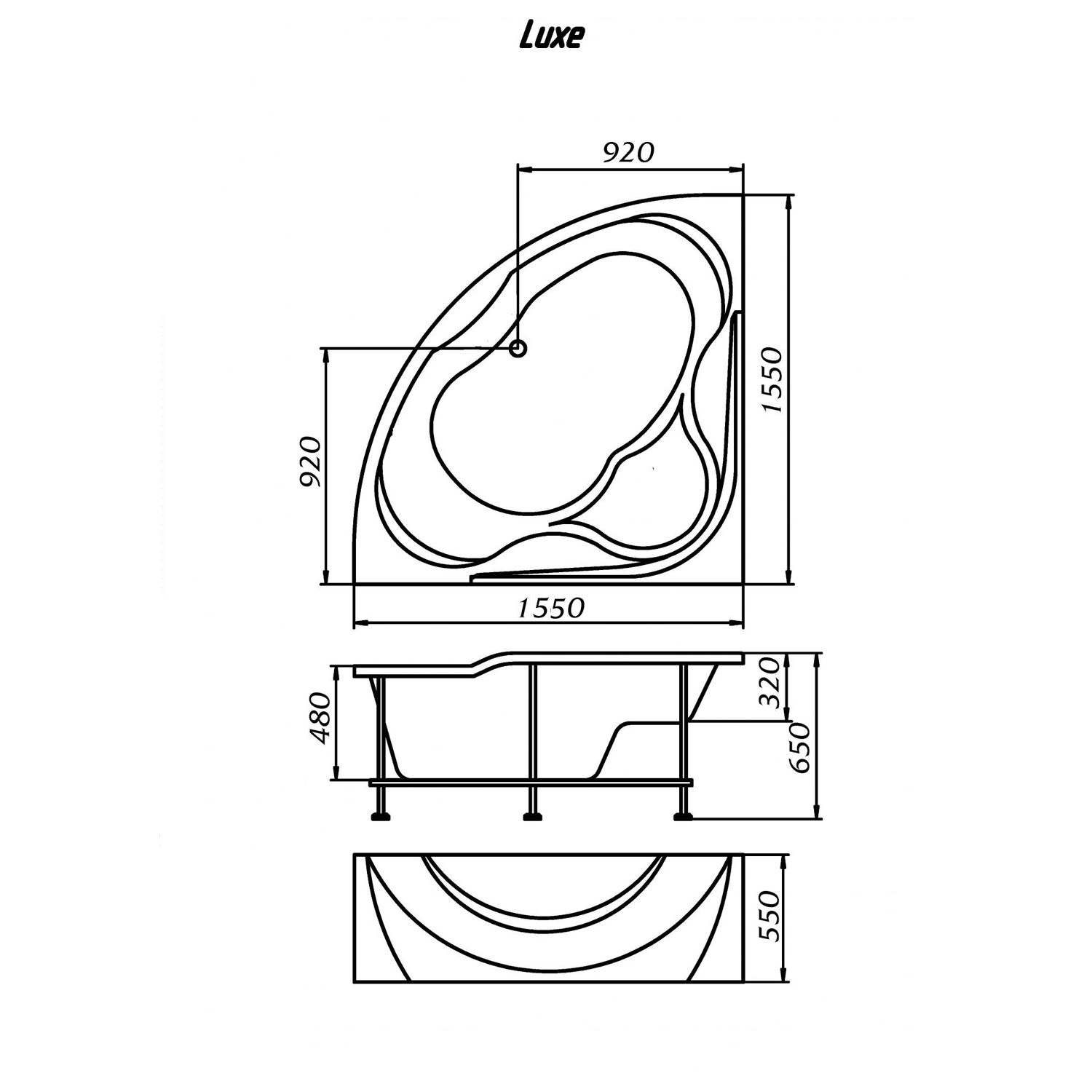 Ванна акрил 1MARKA LUXE 155*155+каркас+панель без сифона