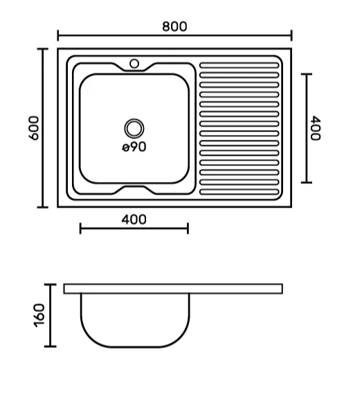 FABIA Мойка накладная 80х60 лев (0,6 мм)глубина 160 мм+ большой сифон с переливом 62275L