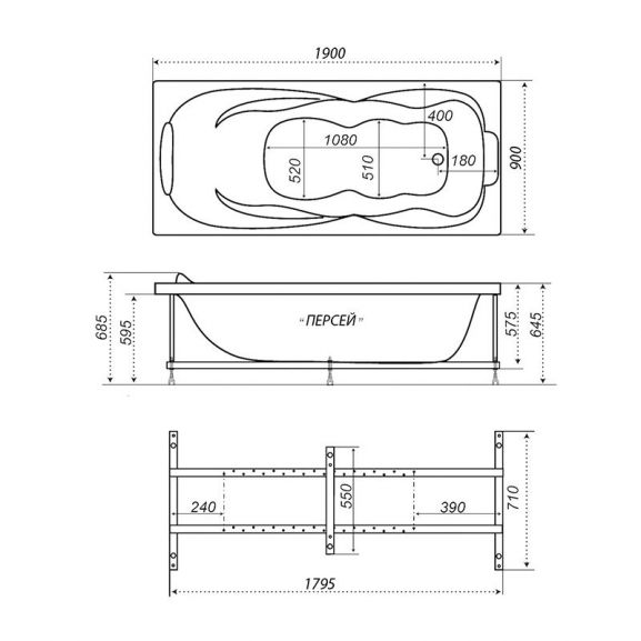 ТРИТОН Ванна Персей ЭКСТРА на каркасе  прямоуг. 1900х900х645 без панели и сифона