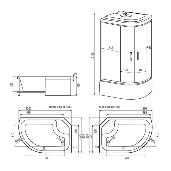ERLIT Душевая кабина ER3512TPL-C3-RUS 120*80*215 (без г/м, выс.поддон, мат.стекло)