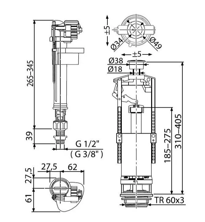 Арматура к бачку 1-кноп., н/подвод, АLCAPLAST SA2000S 1/2