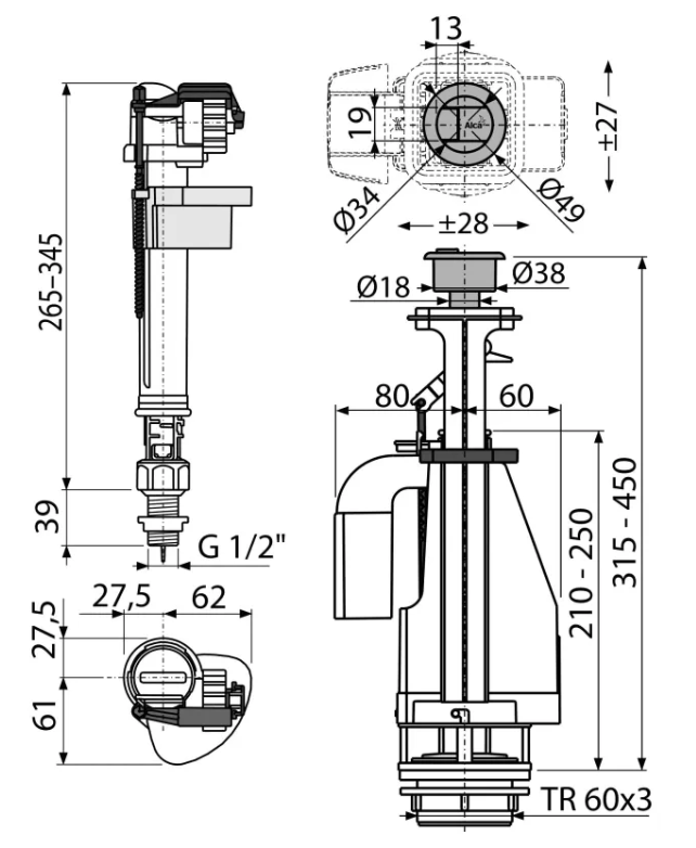 Арматура к бачку 2-х кноп бок/подвод, ALCAPLAST SA08 1/2