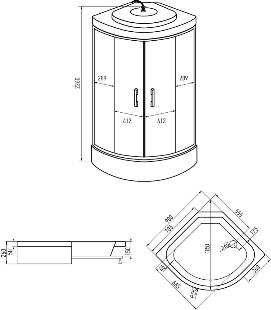 ERLIT Душевая кабина ER350926-C3-RUS 900*900*2260 (без г/м, средний поддон, мат.стекло)