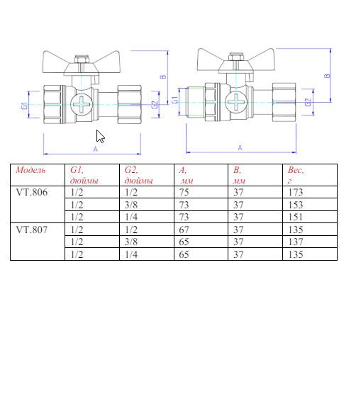 VT807N.04 Кран шаровый для подкл. манометра 1/2*1/2 ВР (10/160)