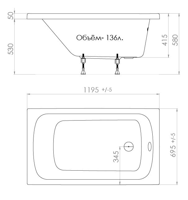 ТРИТОН Ванна Стандарт Экстра 1200/700 без каркаса, панели, сифона