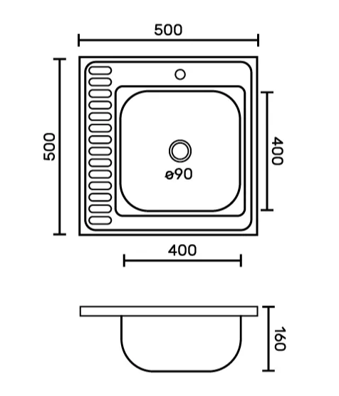 FABIA Мойка накладная 60х60 прав (0,6 мм)глубина 160 мм+ большой сифон с переливом 62273R