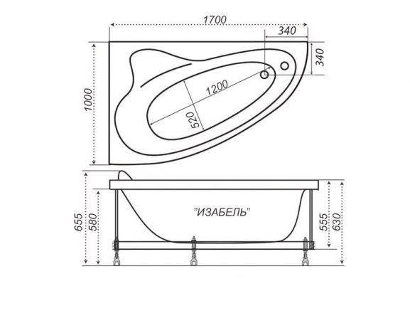 ТРИТОН Ванна Изабель правая Экстра 1700х1000х470 на каркасе без панели и сифона