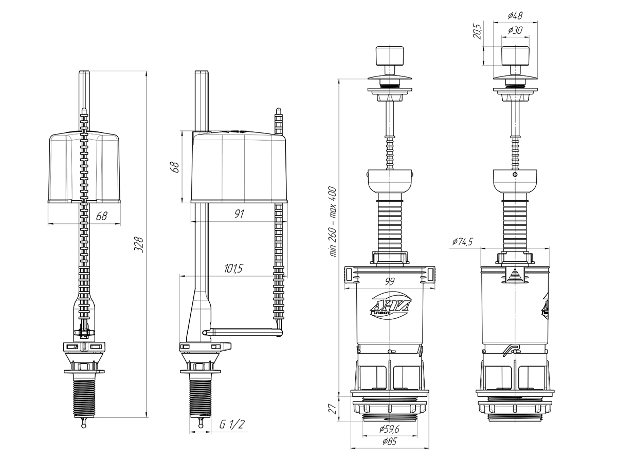 Арматура к бачку с ниж.подв. шток,пласт. ручка WC4550 (20) Ани пласт