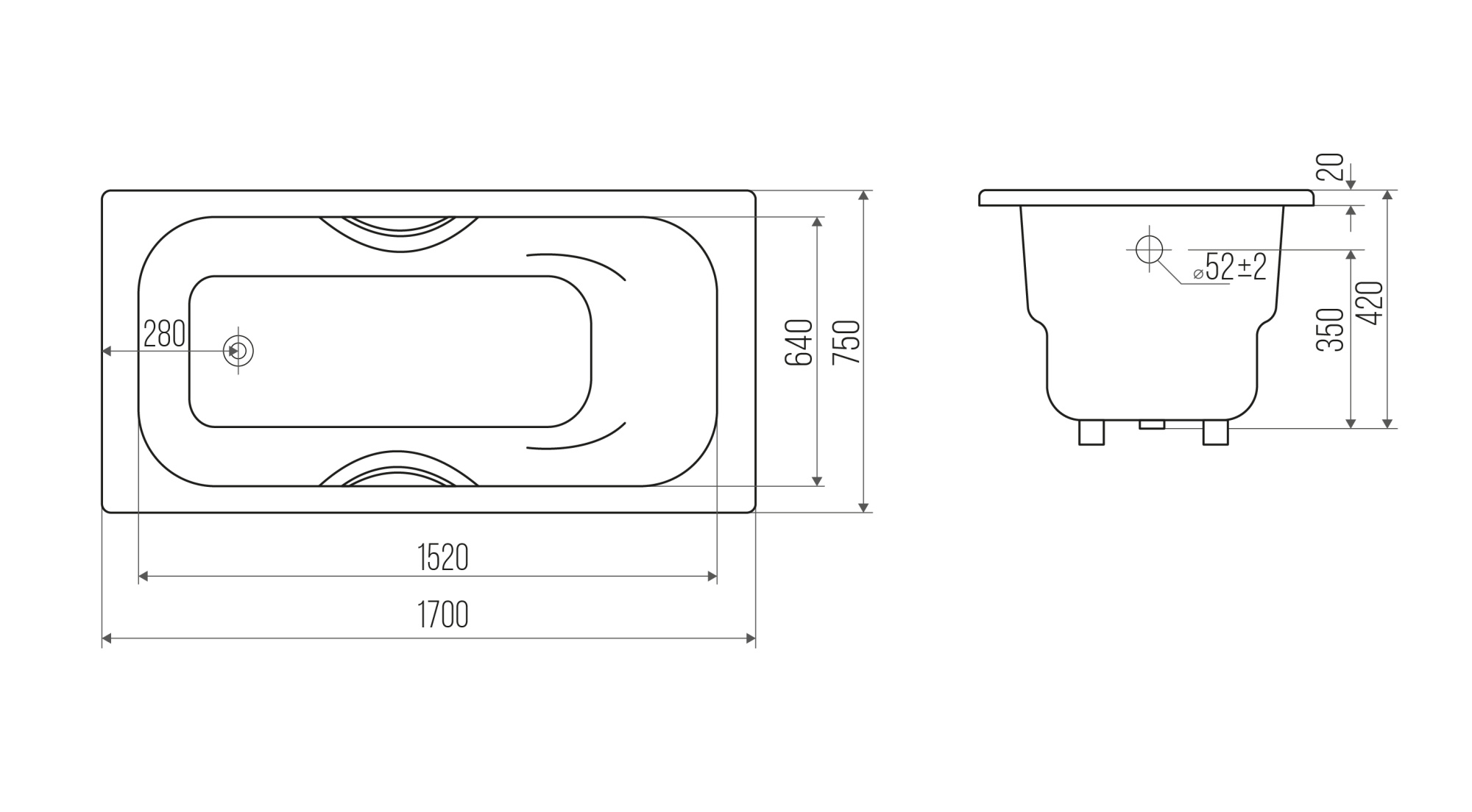 Ванна чугунная Donni 170х75 + ножки + ручки, Goldman