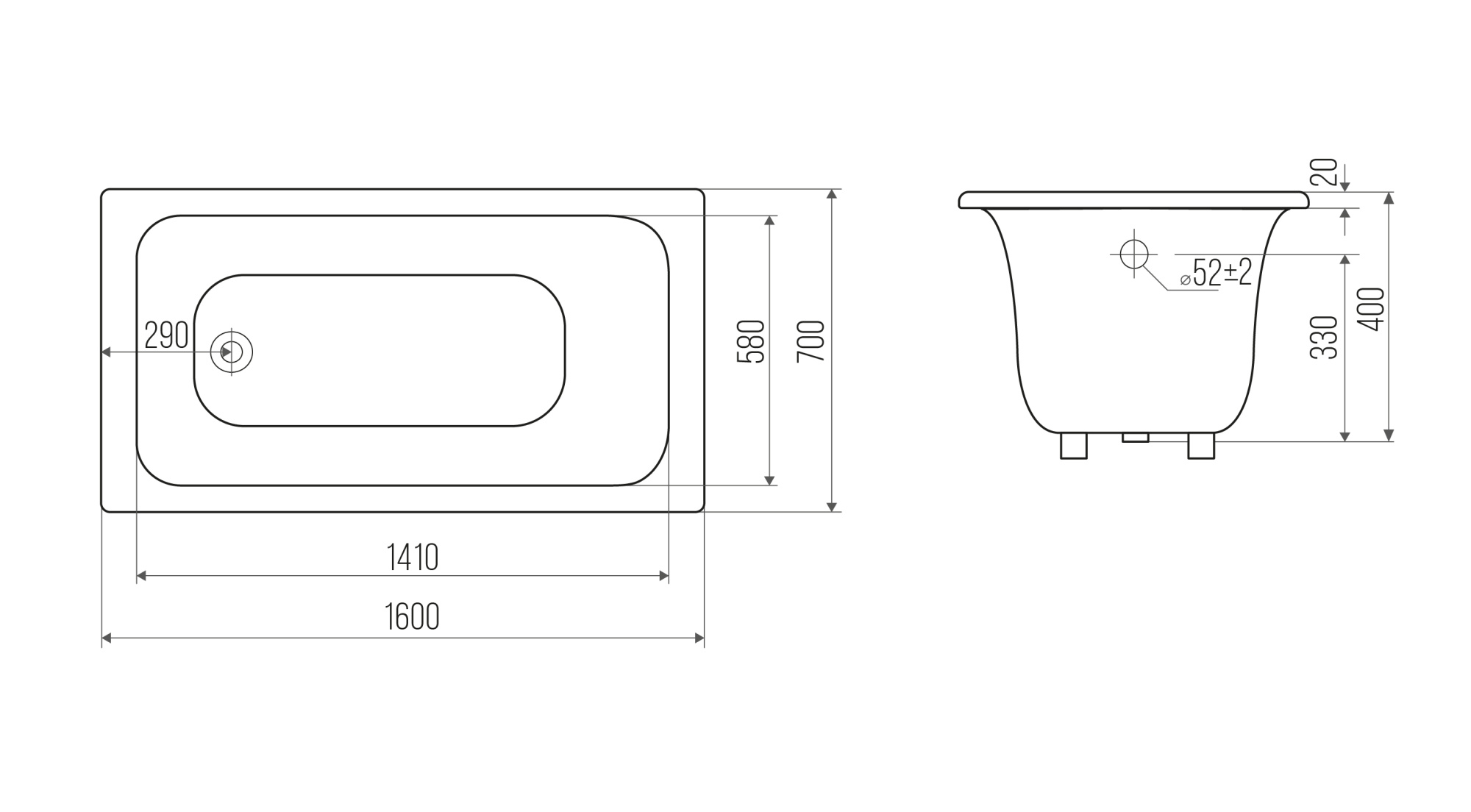 Ванна чугунная Classic 160х70+ножки, Goldman
